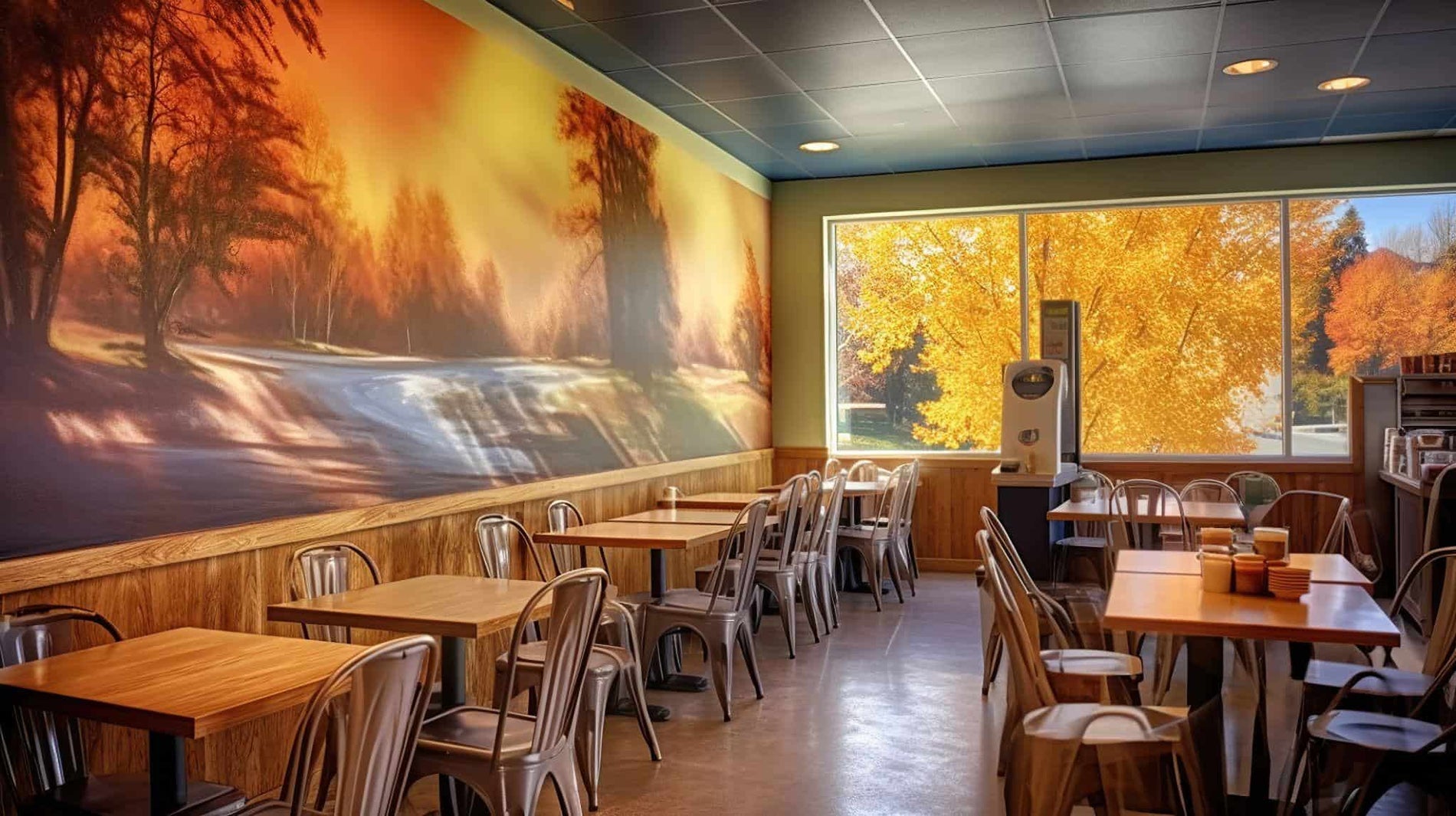 A restaurant with a colorful mural on the wall