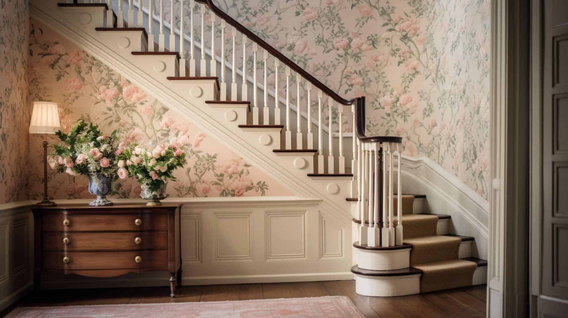 Beautiful floral wallpaper on a vintage staircase