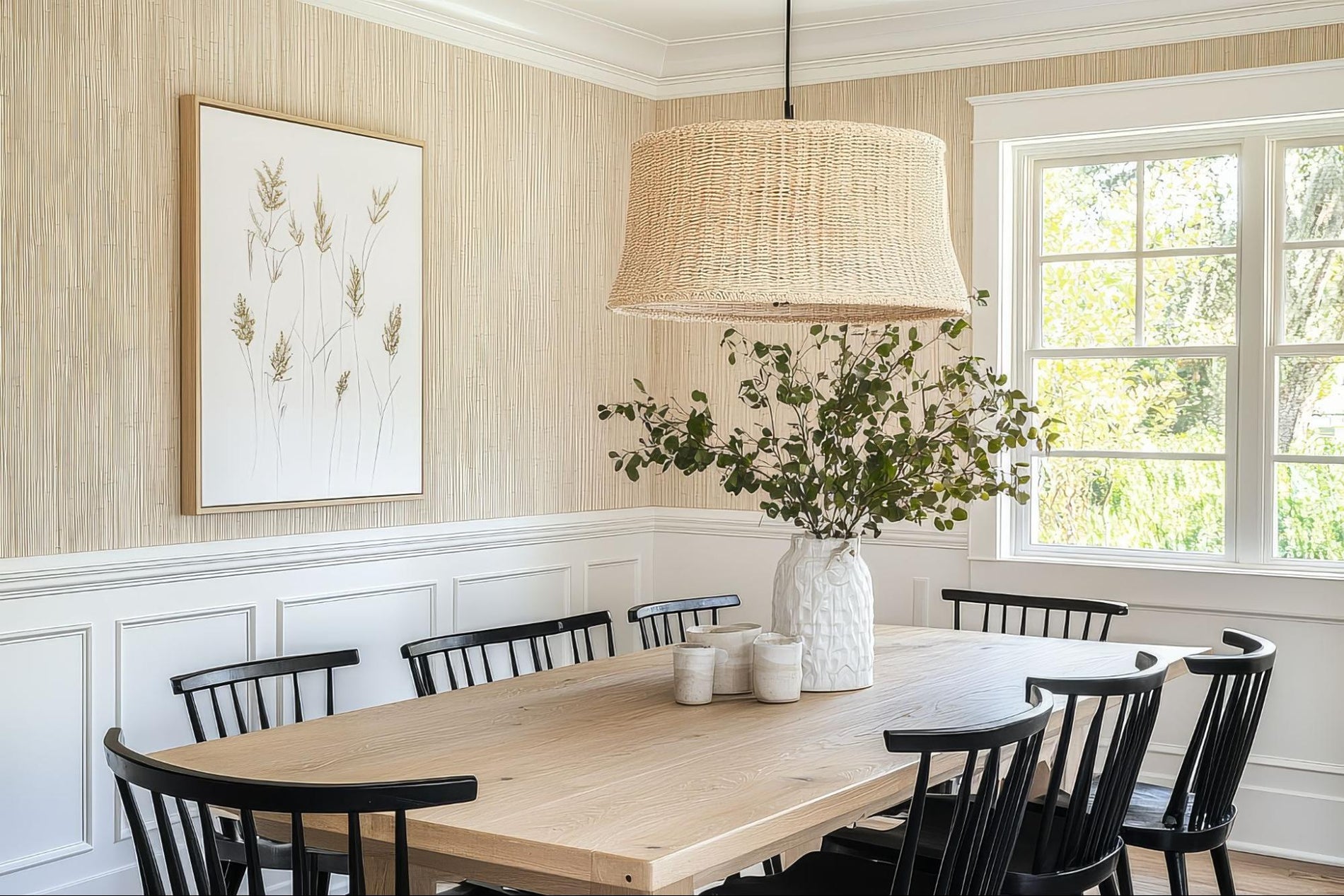 Textured Wallpaper Applied in a Farmhouse Style Dining Room