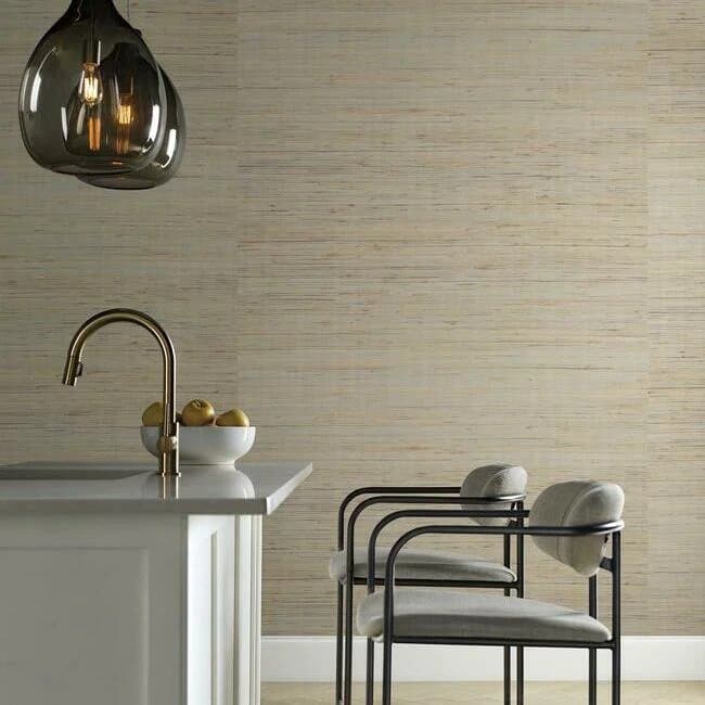 Room shot of jute grasscloth wallcovering in a kitchen.