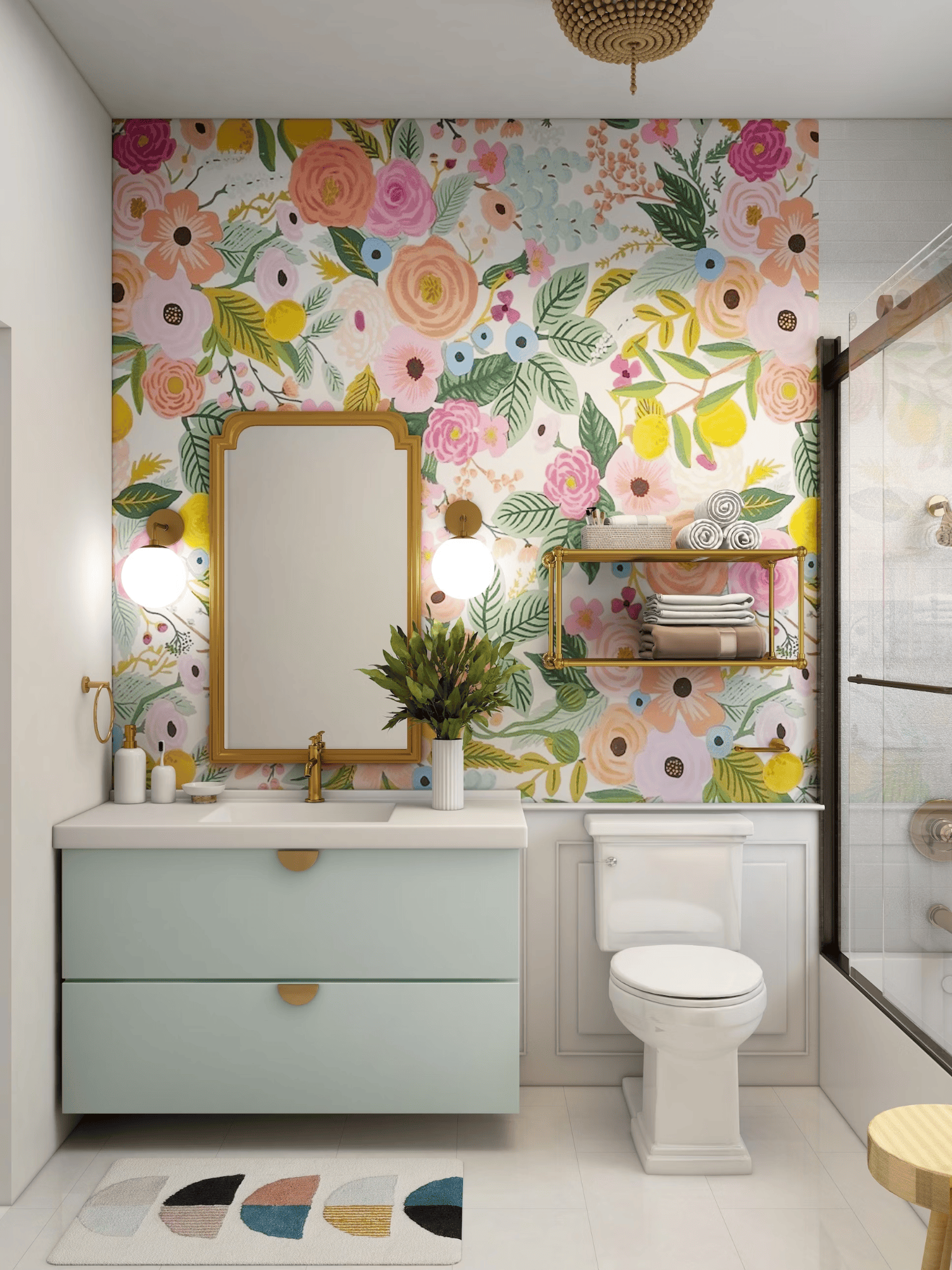 Colorful and floral wallpaper in a bathroom