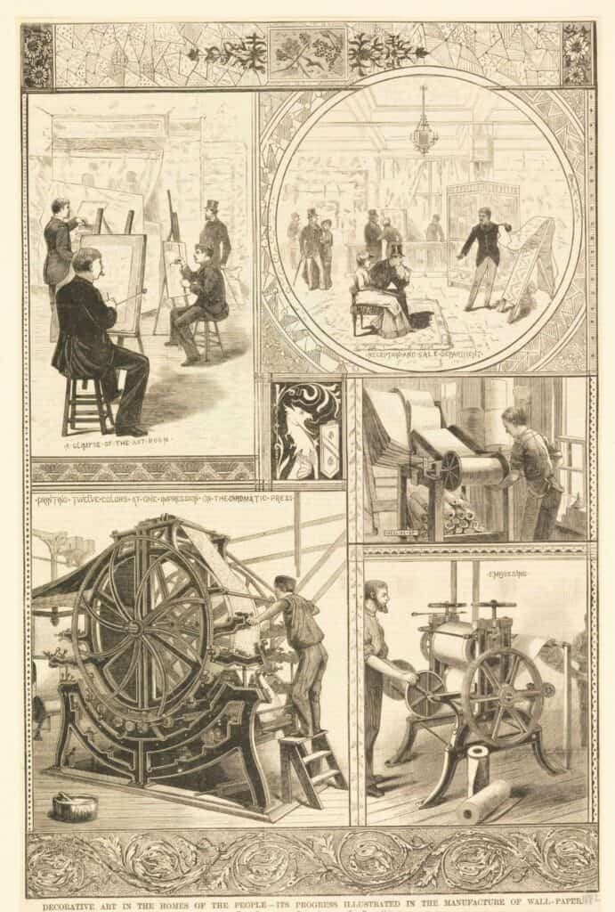 Processes of Wallpaper Production. The image shows five scenes