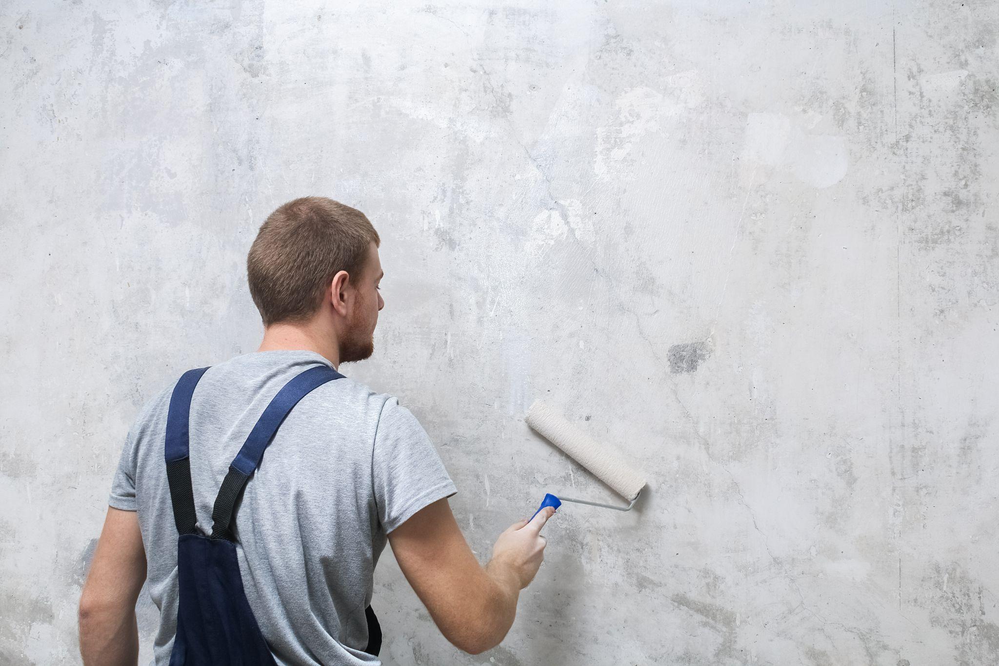 A male worker primes the wall with a roller for better grip.