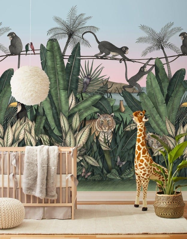 For the nursery, you want soothing, whimsical designs on non-toxic material that poses no risk to the child. Bright colors and animal scenes are common in these rooms. A particularly good option for the nursery is the Bengal Sunrise Mural wallpaper from Hygge & West. It depicts a luscious scene, rendered in crisp graphics, of tigers, monkeys, and other animals peacefully assembled amidst the foliage. All this is printed on PVC-free paper that has a Class A (the safest) fire rating. 