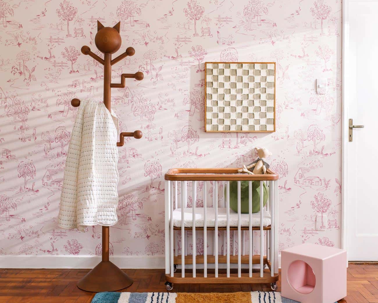 Cozy baby room interior with comfortable crib