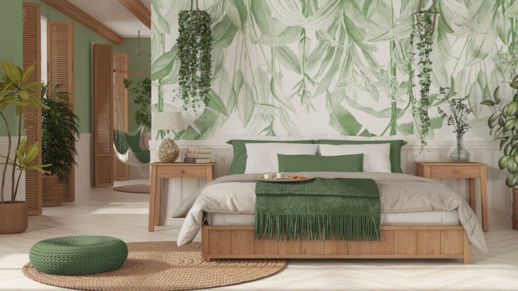 Farmhouse wooden bedroom in boho style in white and green tones.