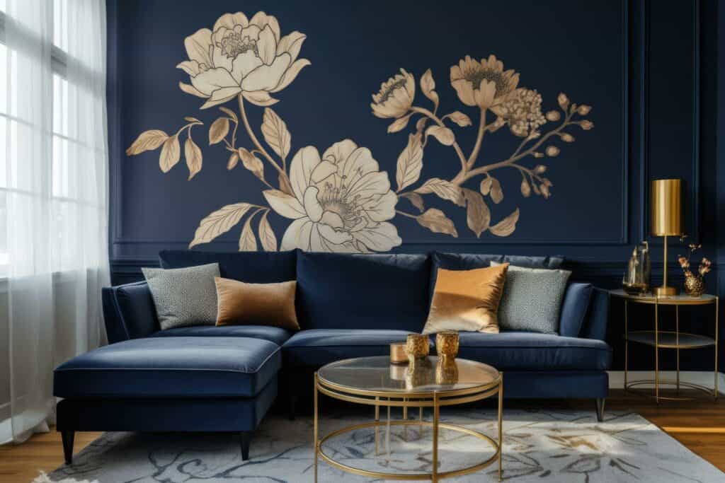 Modern living room interior, beautiful floral mural, flowers on wall